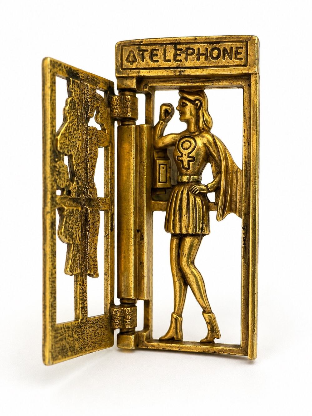 Vintage AJC Super Woman Telephone Booth Brooch Hinged Opening Gold Tone Pin